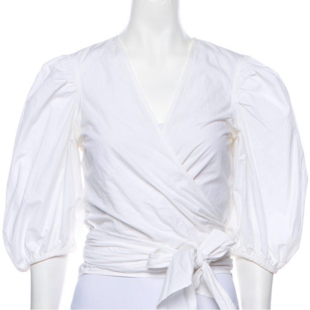 Ganni White Puff Sleeve Wrap Blouse